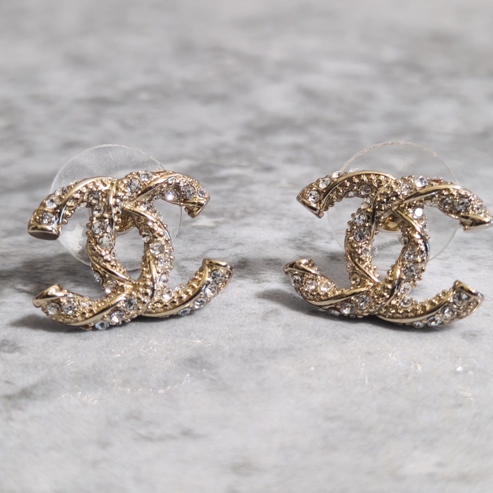Chanel Gold CC Logo Crystal Stud Earrings - Picture 6 of 7